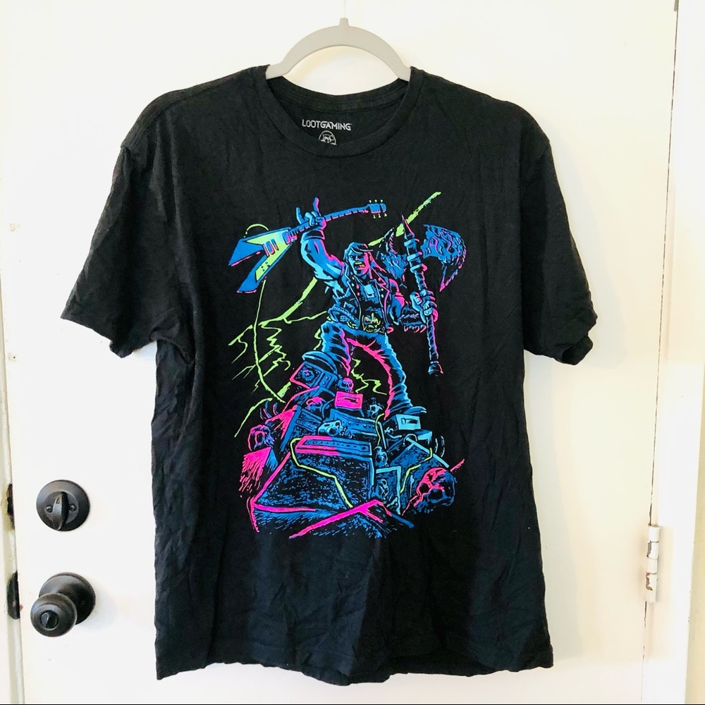 Loot Crate Gaming Double Fine Electric Guitar Neon Logo Men’s T-shirt sz Large